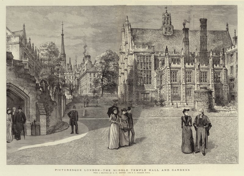 Maleriske London, Middle Temple Hall og Gardens af Henry William Brewer
