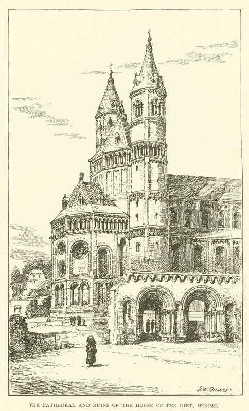 Katedralen og ruinerne af Diæthuset, Worms (gravering) af Henry William Brewer