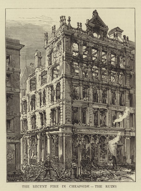 Den seneste brand i Cheapside, ruinerne af Henry William Brewer