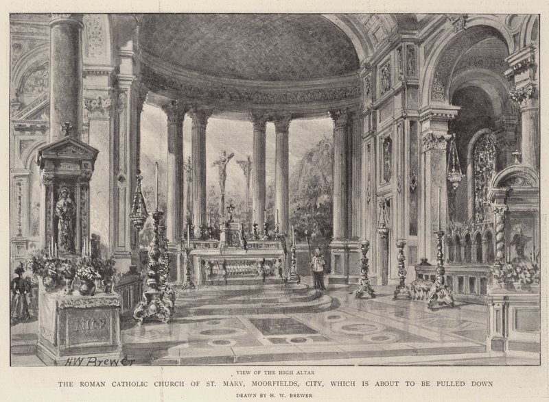 Den romersk-katolske kirke St Mary, Moorfields, City, som er ved at blive revet ned af Henry William Brewer