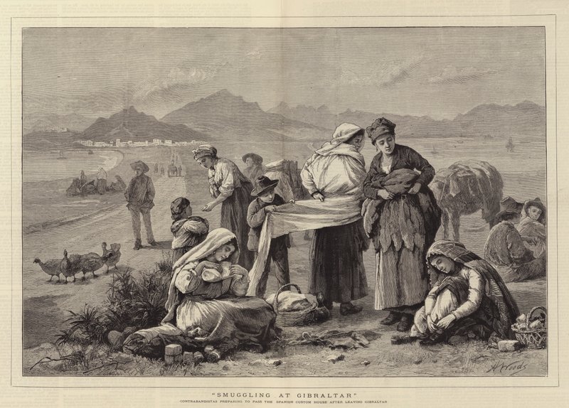 Smugling i Gibraltar, Contrabandistas forbereder sig på at passere det spanske toldhus efter at have forladt Gibraltar af Henry Woods