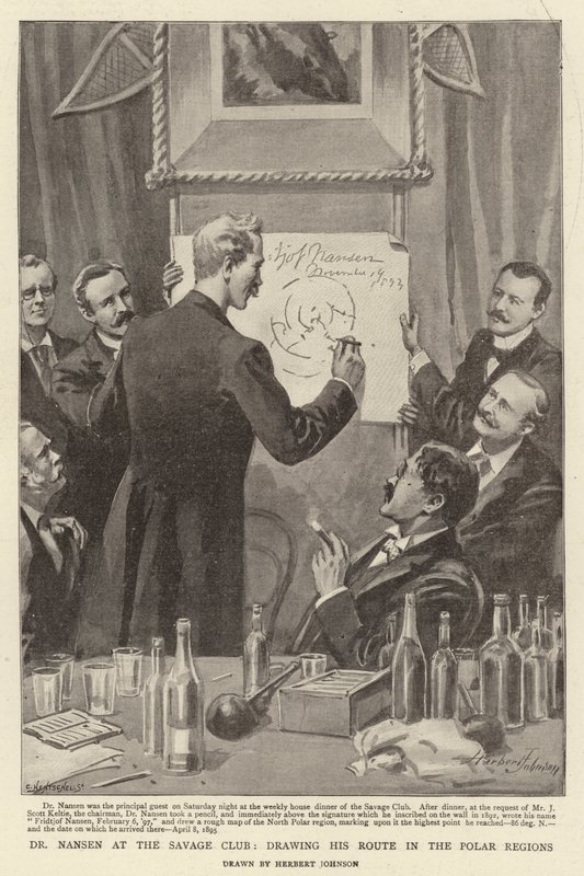 Dr. Nansen i Savage Club, hvor han tegner sin rute i polarområderne af Herbert Johnson