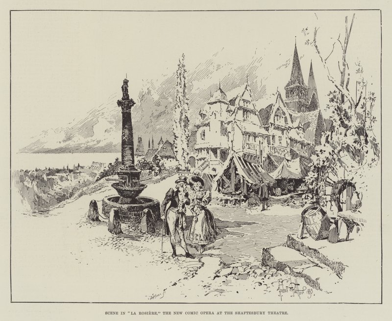 Scene i La Rosiere, den nye komiske opera i Shaftesbury Theatre af Herbert Railton