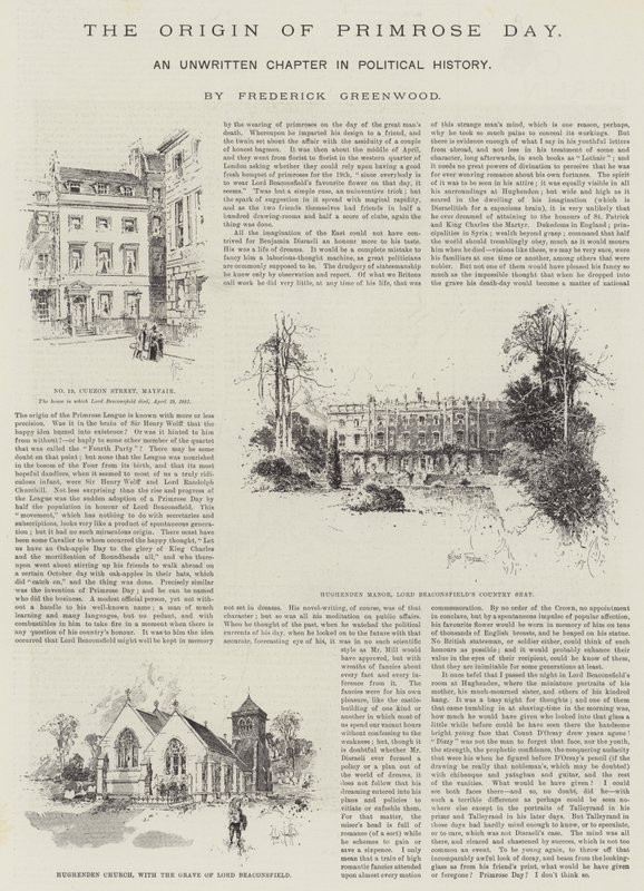 Oprindelsen af Primrose Day, et uskrevet kapitel i den politiske historie, af Frederick Greenwood af Herbert Railton