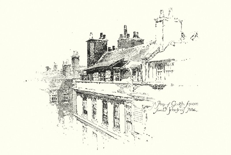 A Peep of Gough Square, London, fra Dr Johnsons Attic (litho) af Herbert (after) Railton