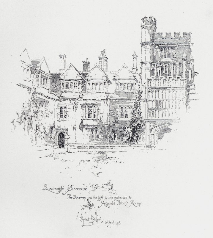 Brasenose College, Oxford, viser indgangen til den engelske præst og forfatter Reginald Hebers værelser (litho) af Herbert (after) Railton