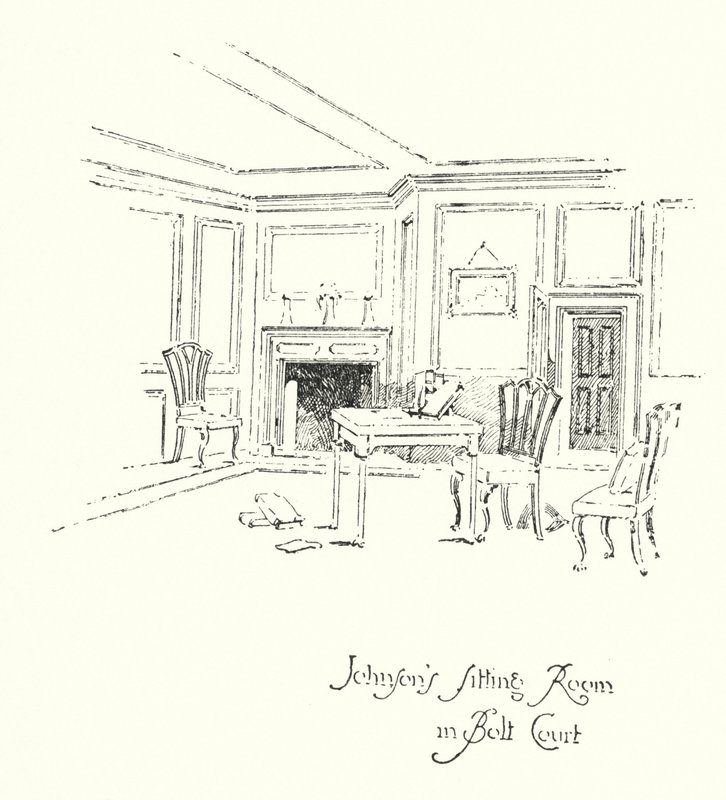 Dr. Johnsons stue i Bolt Court, London (litho) af Herbert (after) Railton