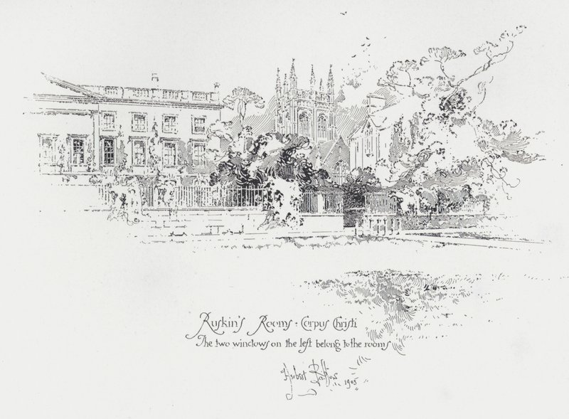 Den engelske kunstkritiker John Ruskins værelser på Corpus Christi College, Oxford (litho) af Herbert (after) Railton