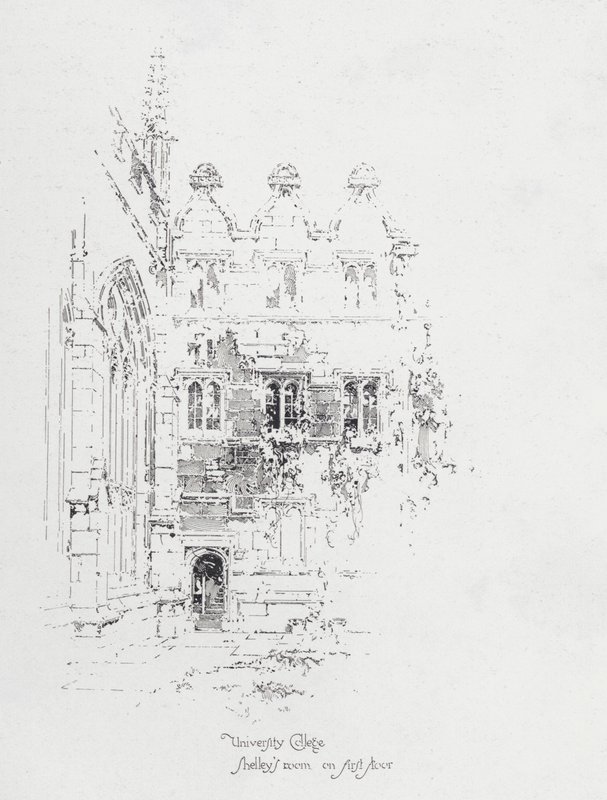 Den engelske digter Percy Bysshe Shelleys værelse på første sal i University College, Oxford (litho) af Herbert (after) Railton