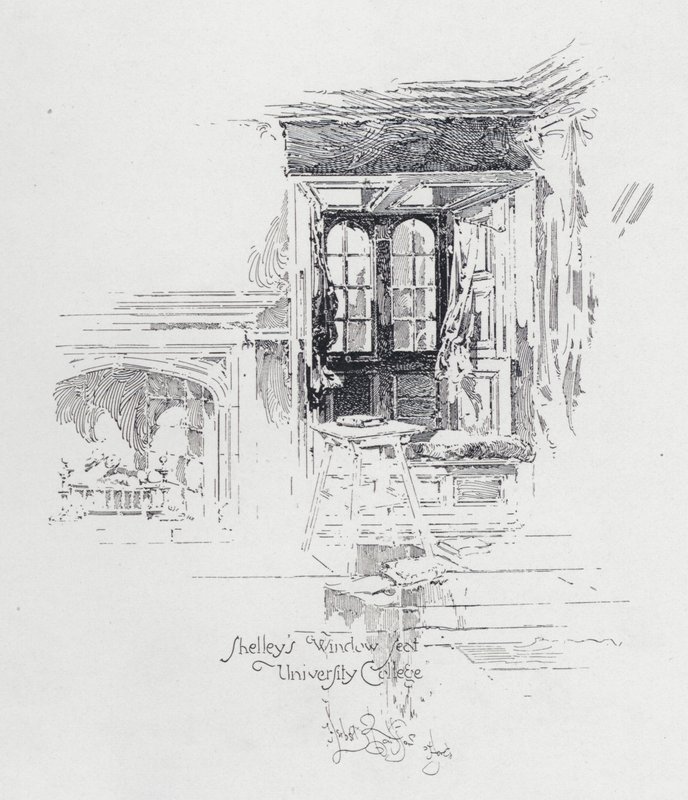 Den engelske digter Percy Bysshe Shelleys vinduessæde på University College, Oxford (litho) af Herbert (after) Railton