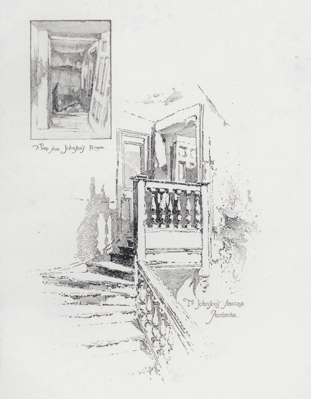 Den engelske forfatter Samuel Johnsons værelse og trappe, Pembroke College, Oxford (litho) af Herbert (after) Railton