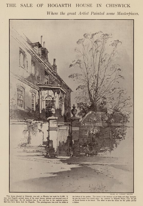 Tidligere hjem for William Hogarth, Chiswick, London (litho) af Herbert (after) Railton