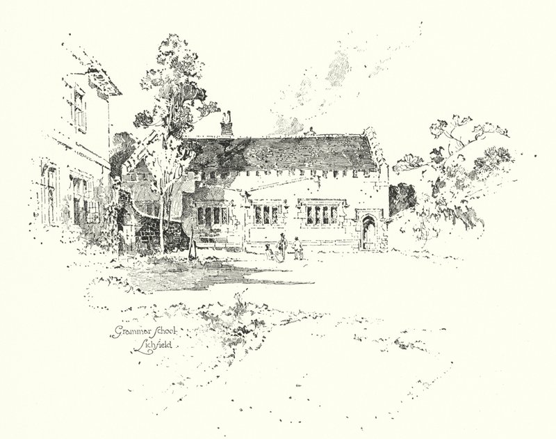 Grammar School, Lichfield, hvor Dr. Johnson gik i skole (litho) af Herbert (after) Railton