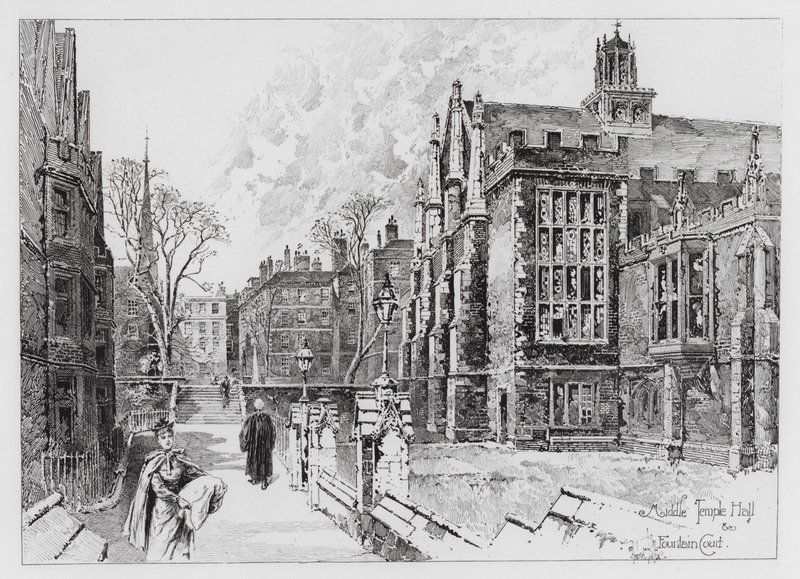 Middle Temple Hall og Fountain Court (gravering) af Herbert (after) Railton