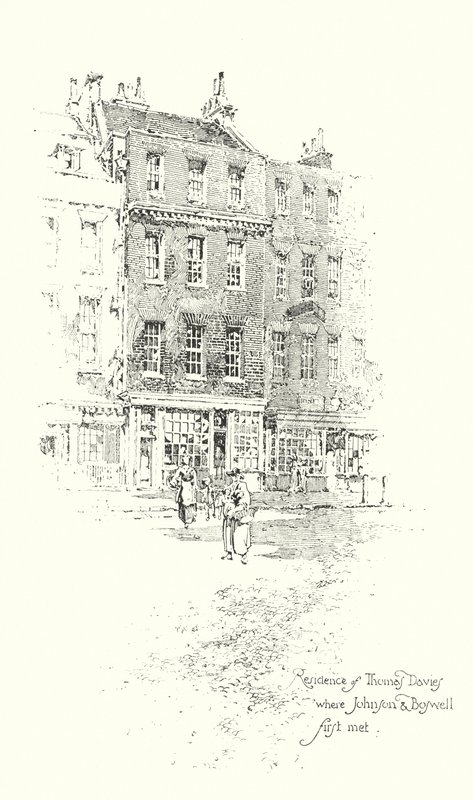 Bolig for Thomas Davies, London, hvor Dr. Johnson og James Boswell mødtes første gang (litho) af Herbert (after) Railton