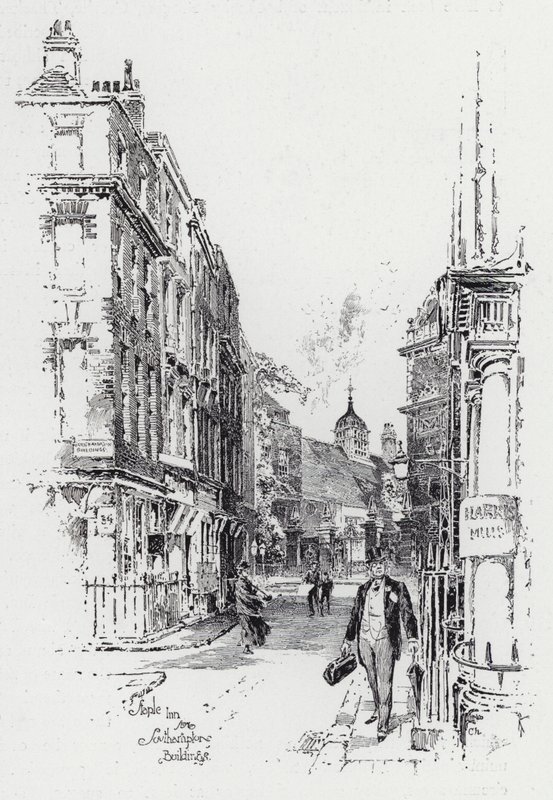 Staple Inn fra Southampton Buildings (gravering) af Herbert (after) Railton