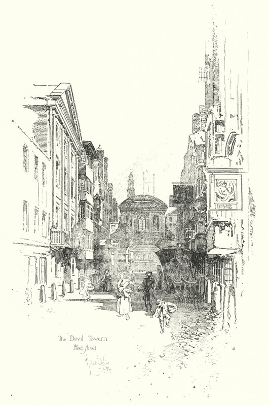 The Devil Tavern, Fleet Street, i Dr. Johnsons tid (litho) af Herbert (after) Railton