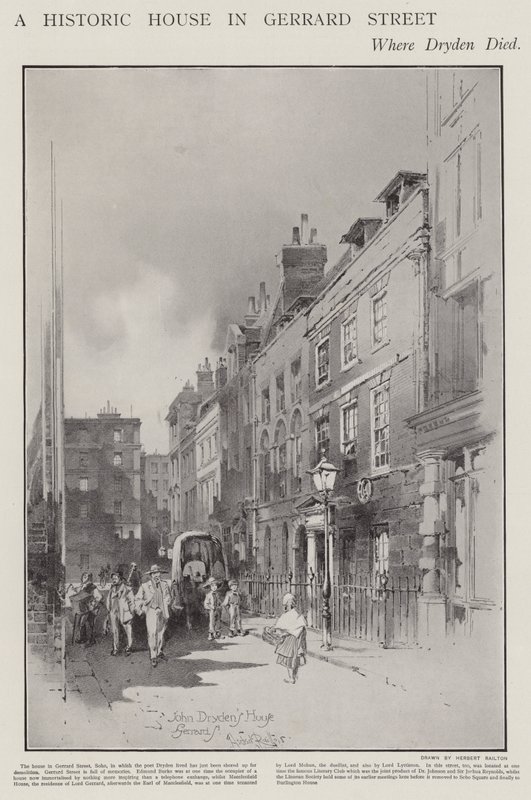 Huset på Gerrard Street, London, hvor digteren John Dryden døde i 1700 (litho) af Herbert (after) Railton
