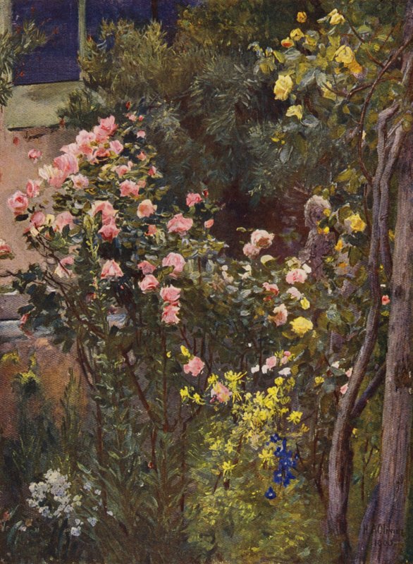 I en rosenhave, Catherine Mermet og Marechal Niel i deres hjem (farvelitografi) af Herbert Arnould Olivier