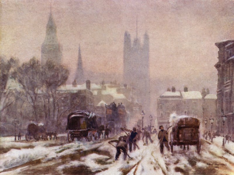 A Snowy Morning, Whitehall (farve litho) af Herbert Menzies (after) Marshall