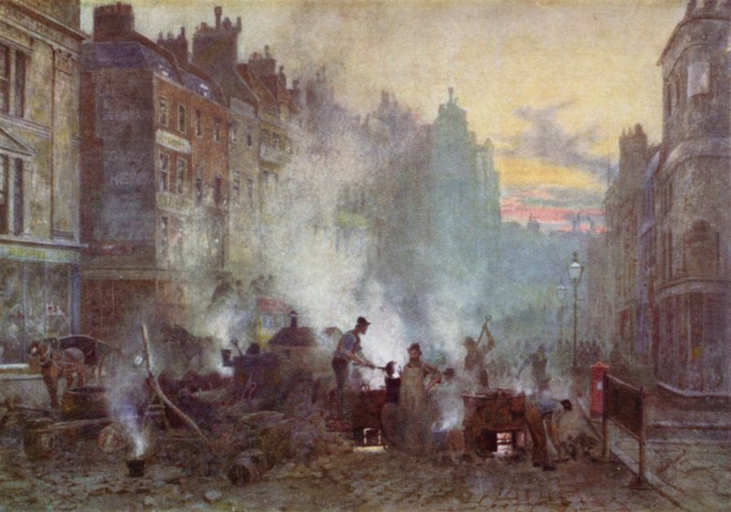 Asfaltering i Stranden (farve litho) af Herbert Menzies (after) Marshall