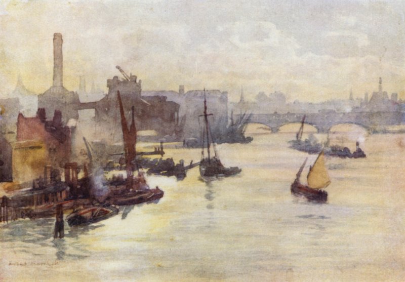 Efterår eftermiddag, fra Southwark Bridge (farve litho) af Herbert Menzies (after) Marshall