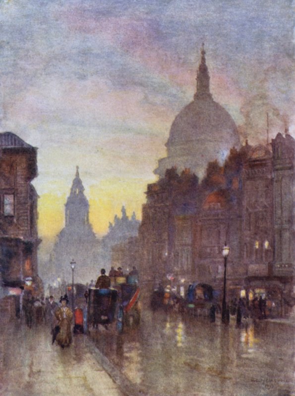 Cannon Street, sommeraften (farve litho) af Herbert Menzies (after) Marshall