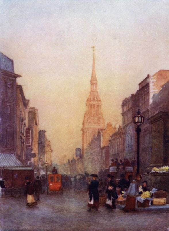 Cheapside, Bow Church i afstand (farve litho) af Herbert Menzies (after) Marshall