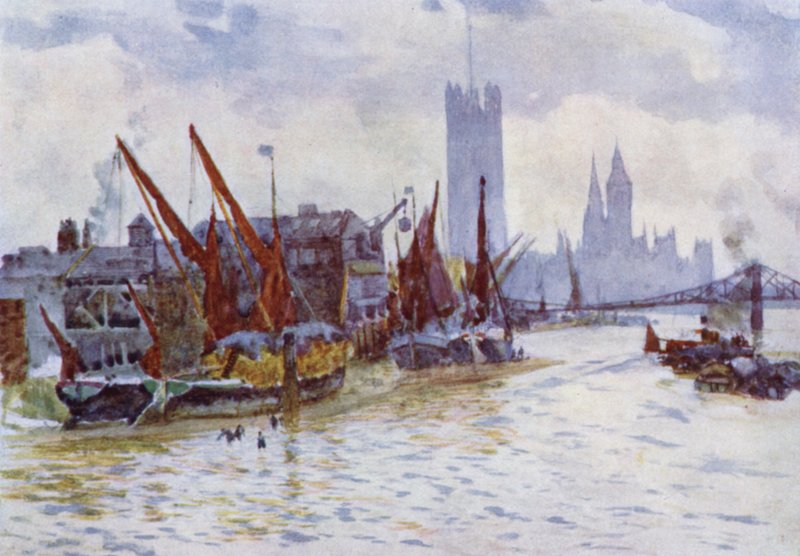 Høpramme liggende ud for Horseferry ved Westminster (farve litho) af Herbert Menzies (after) Marshall