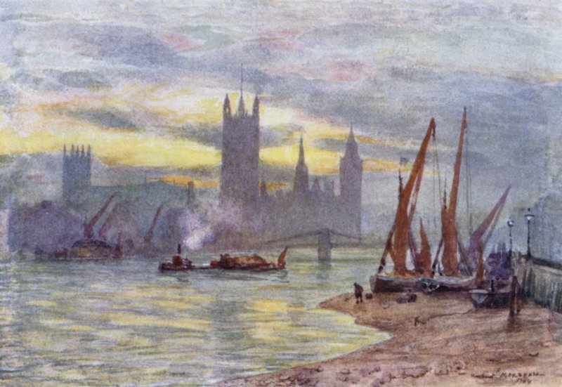 Houses of Parliament fra Lambeth (farve litho) af Herbert Menzies (after) Marshall