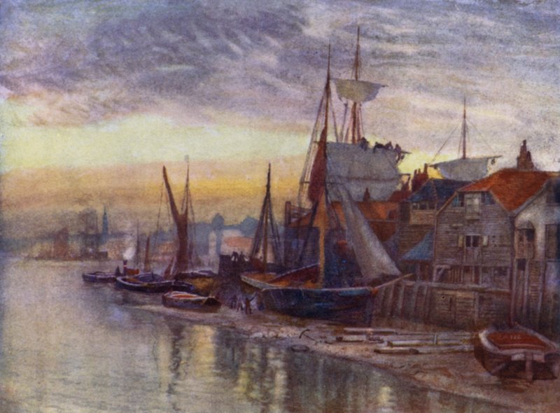 Old Essex Wharf (farve litho) af Herbert Menzies (after) Marshall