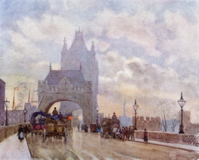 På Tower Bridge (farve litho) af Herbert Menzies (after) Marshall