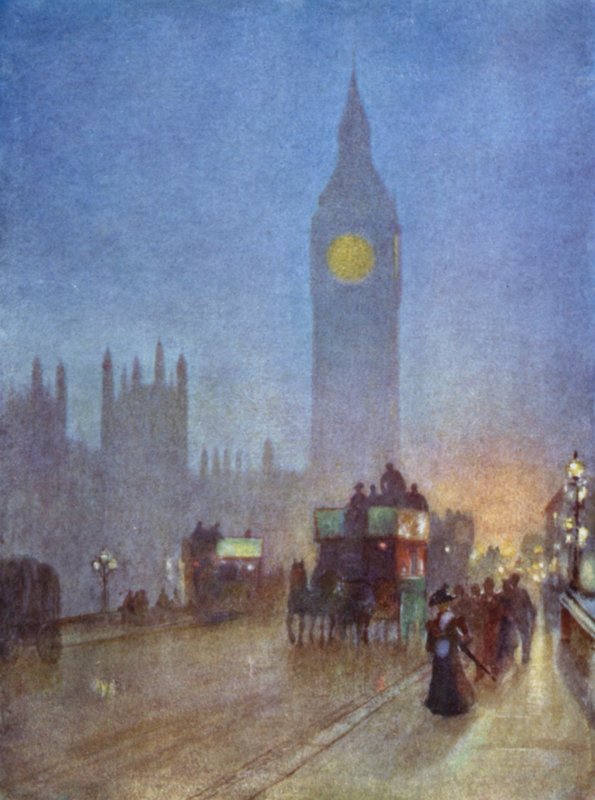 På Westminster Bridge (farve litho) af Herbert Menzies (after) Marshall