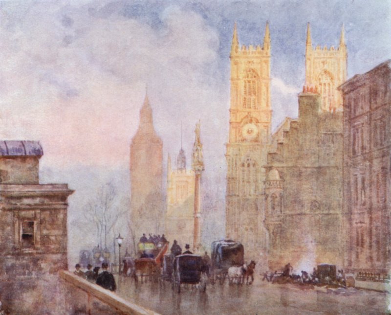 The End of Victoria Street, Westminster (farve litho) af Herbert Menzies (after) Marshall