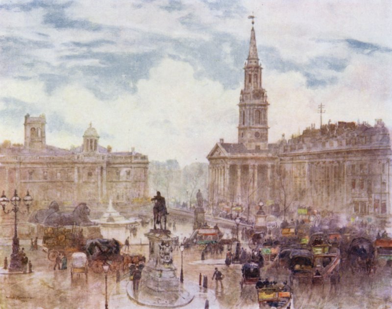 Trafalgar Square (farve litho) af Herbert Menzies (after) Marshall