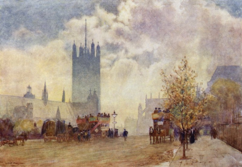 Victoria Tower og East End of Westminster Abbey (farve litho) af Herbert Menzies (after) Marshall