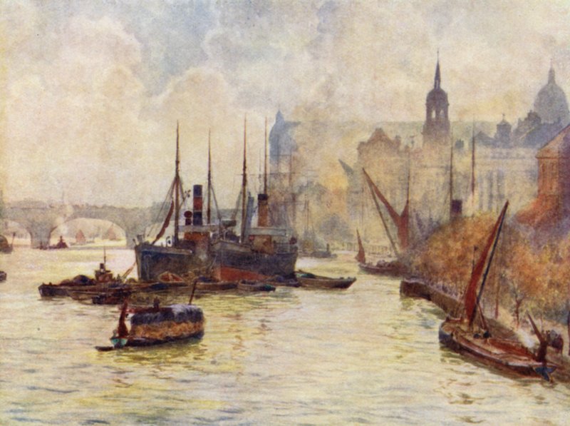 Udsigt fra Tower Bridge (farve litho) af Herbert Menzies (after) Marshall