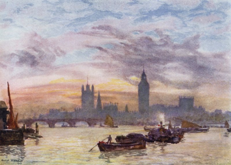 Westminster Towers (farve litho) af Herbert Menzies (after) Marshall