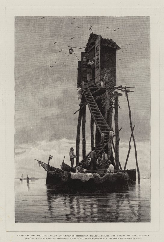 En festivaldag på lagunaen i Chioggia, fiskere synger foran Madonnaens helligdom af Hermann David Salomon Corrodi