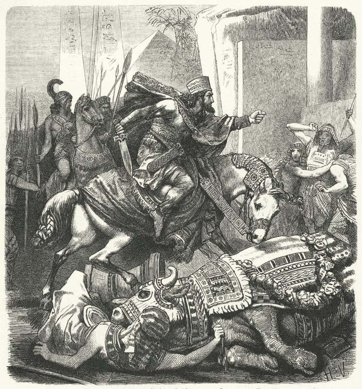 Den persiske kejser Artaxerxes III Ochus dræber egypternes hellige Apis-tyr af Hermann Vogel
