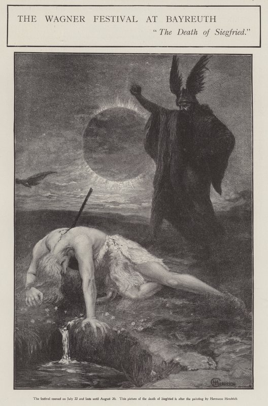 Wagner-festivalen i Bayreuth: Siegrfrieds død (litho) af Hermann (after) Hendrich