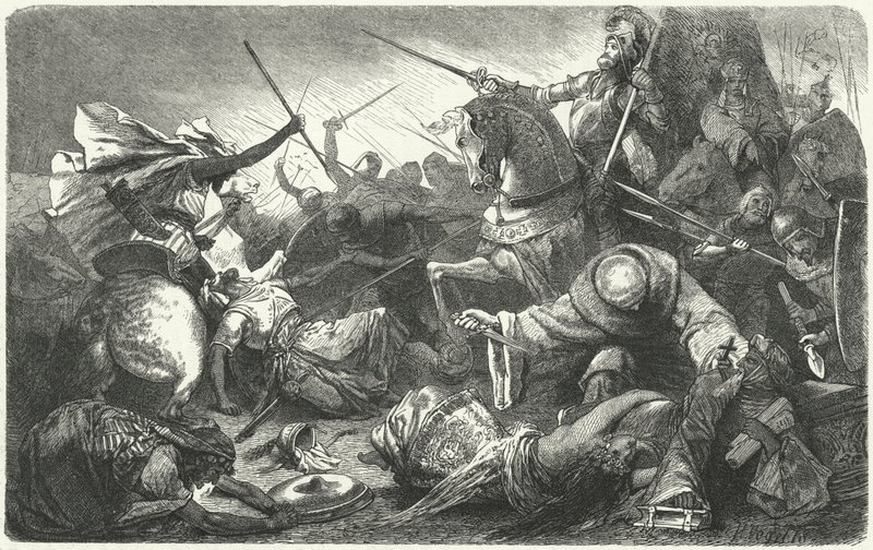 Kristne kæmper mod almohaderne i slaget ved Las Navas de Tolosa, Spanien, 1212 af Hermann Vogel