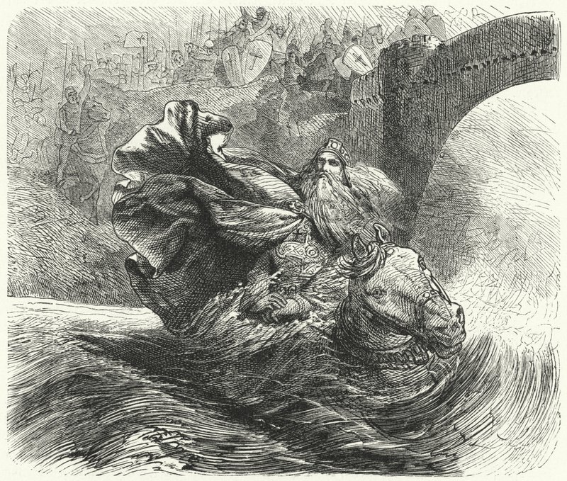 Frederick Barbarossa drukner i floden Saleph på det tredje korstog, 1190 af Hermann Vogel