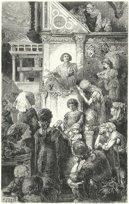 Giovanni Boccaccio reciterer Dantes guddommelig komedie for befolkningen i Firenze, 14. århundrede af Hermann Vogel