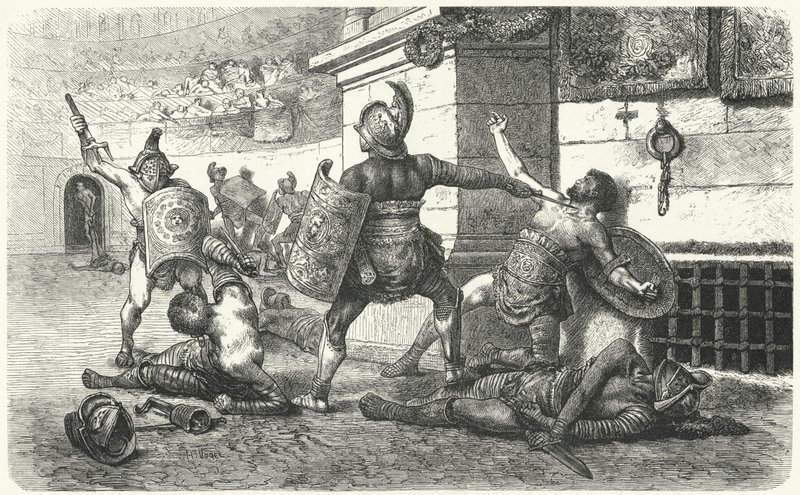 Gladiatorer, der kæmper i arenaen i det antikke Rom af Hermann Vogel