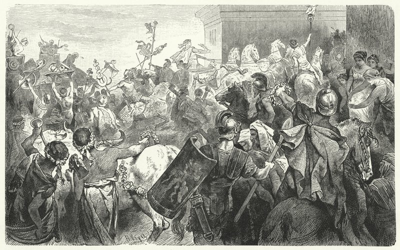 Scipio Aemilianus triumf efter ødelæggelsen af Kartago i den tredje puniske krig, 146 f.Kr. af Hermann Vogel