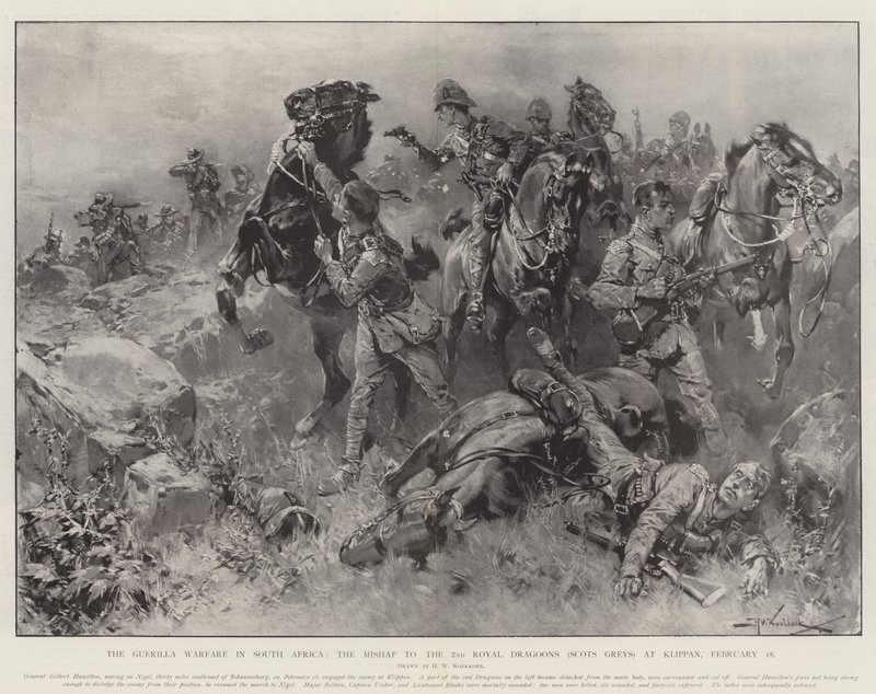 Guerillakrigsførelsen i Sydafrika, uheldet til 2nd Royal Dragons (Scots Greys) ved Klippan, 18. februar af Hermanus Willem Koekkoek