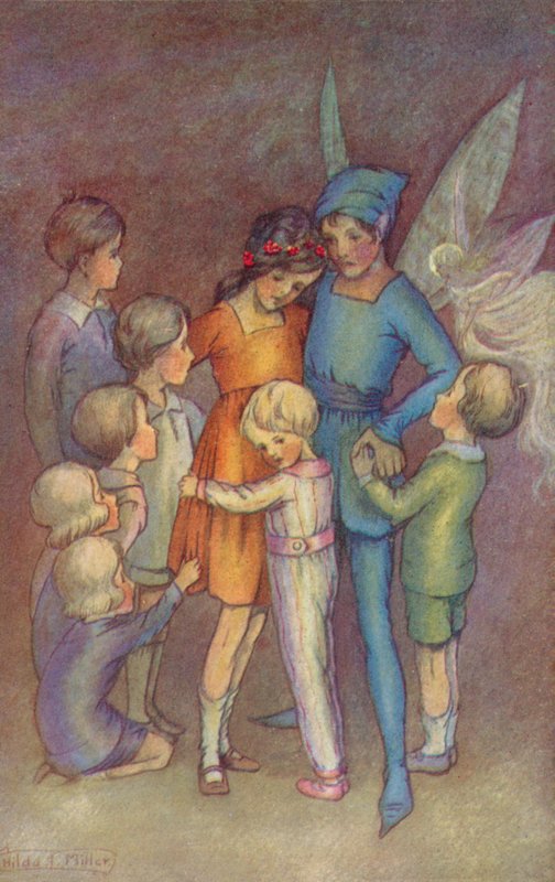 Peter Pan og Klokkeblomst (farvelitografi) af Hilda Theodora Miller