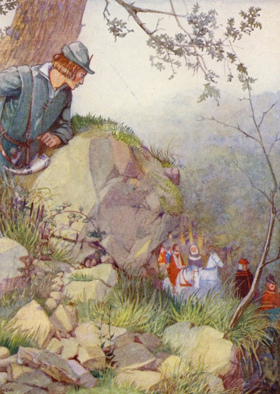 Robin Hood i skoven (farvelitografi) af Honor Charlotte Appleton