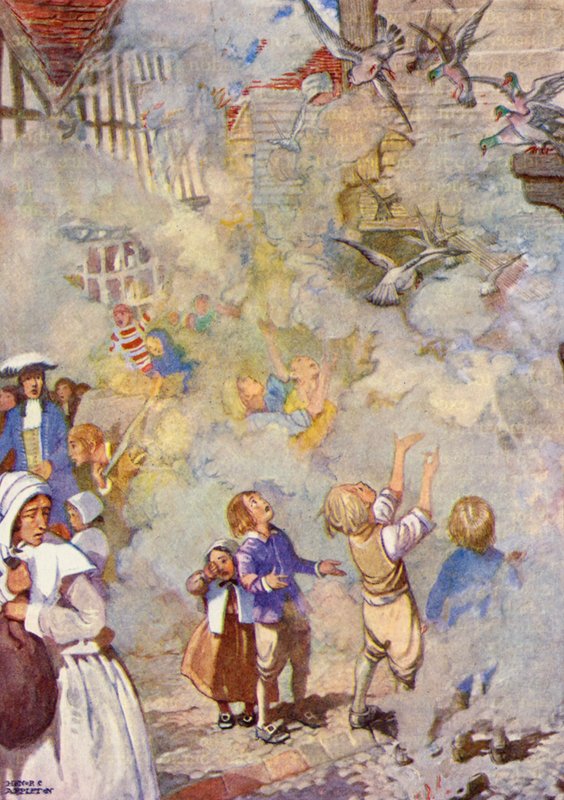 "De stakkels duer var ikke meget for at forlade deres huse" (farvelitografi) af Honor Charlotte Appleton